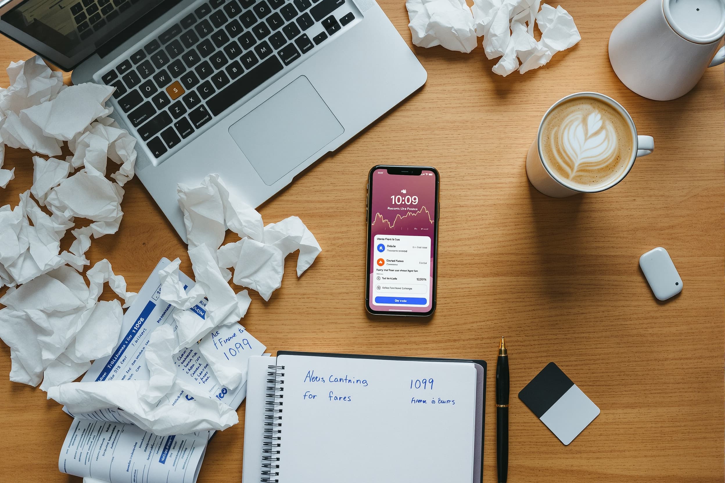 overhead flatlay of a creator desk with receipts, phone, coffee